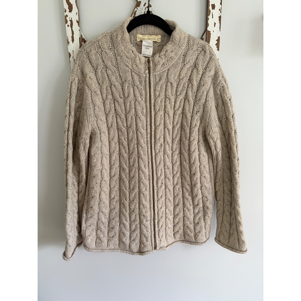 Irelands Eye Woman's Beige Lambswool Cable Knit Zip Front Cardigan Size Large